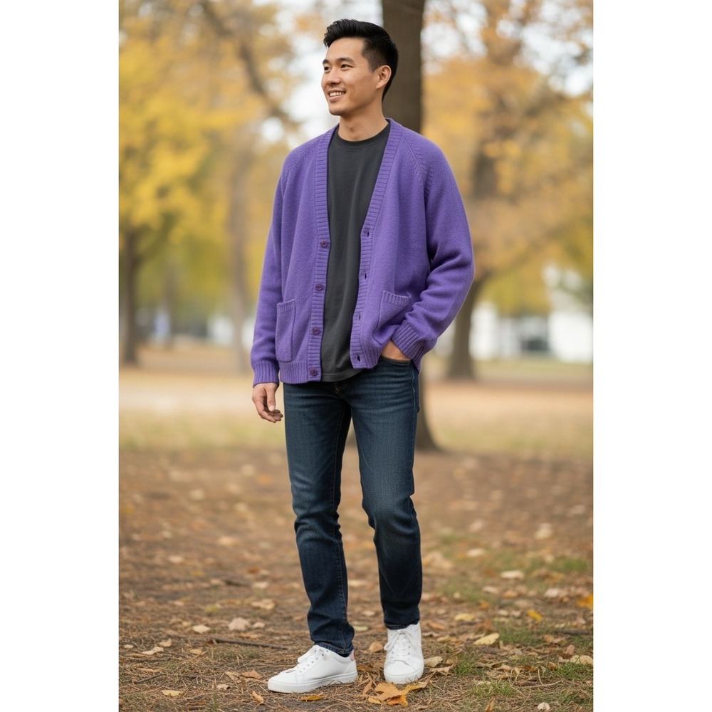 Vintage 80's Jay Jacobs Men's Large Purple Lambswool Cardigan Sweater Grandpa